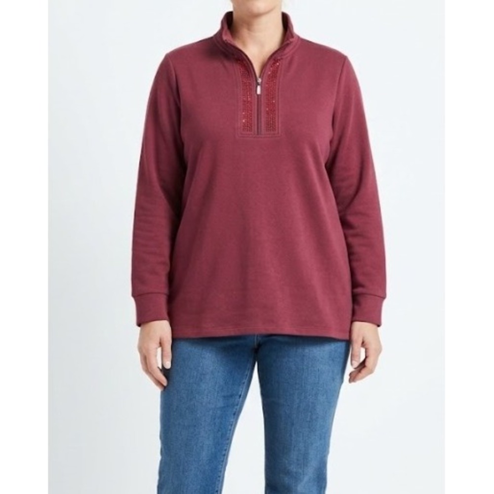 Belle by Kim Gravel Quarter Zip Top Large Burgundy Rhinestone Long Sleeve Knit